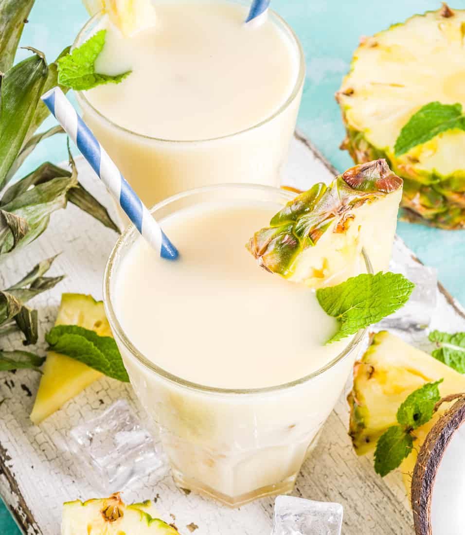 A tropical drink with coconut and pineapple flavours.